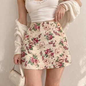 Vtg 90s Cottontail Originals Floral Linen Cotton Wrap Mini Skirt Jrs 7 XS 24.5w